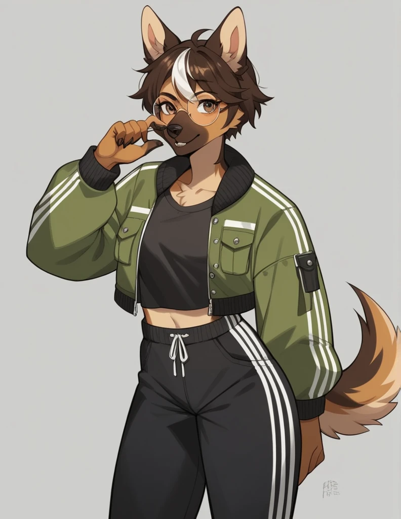 solo, score_9, score_8_up, score_7_up, score_6_up, score_5_up, source_anime, score_4_up, German Shepherd Anthro, Female One, perfectbody, Medium chest, chestnut hair, white streak in bangs, brown dark eyes, cropped preto, elongated fur-lined jacket, baggy pants (black pants), looking at the viewer, round glasses (white glasses), black sneakers (brown sneaker sole)
