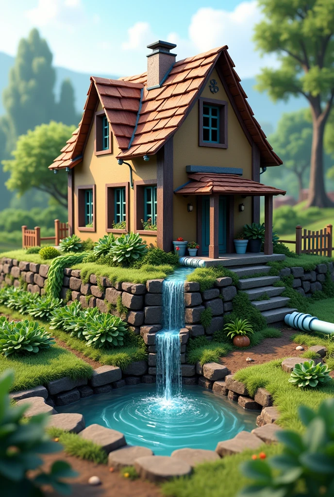 I want you to build a house and from that house have a gutter, from that gutter a PVC pipe comes out that connects to another PVC pipe that will come out from a part in the middle of the house and connected between those two, they go to a bucket that is the filtration unit and that is connected to a pond and from the pond a pipe comes out that goes over the crops and has holes in the bottom that makes a drip of water.