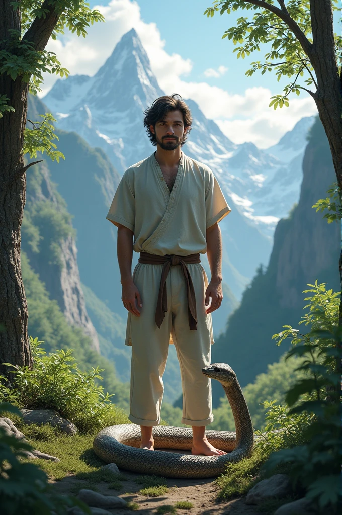 medium-haired man standing in a mountain forest with a snake