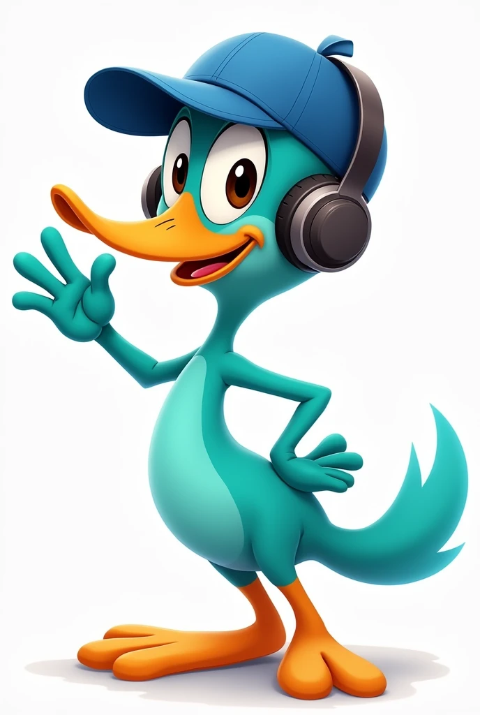 A blue Perry the Platypus wearing headphones and a blue hat is smiling and saying goodbye with his right hand raised