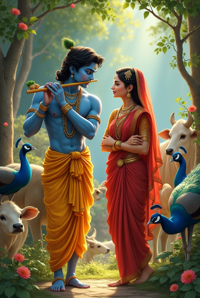 Create an image of young Radha and Krishna in a lush, green Vrindavan setting. Krishna, with dark blue skin, is playing a flute while Radha, with fair skin, listens with a gentle smile. Both are dressed in traditional Indian attire with vibrant colors – Krishna in yellow dhoti and Radha in a red sari. They are surrounded by blooming flowers, peacocks, and cows, symbolizing the beauty of their surroundings. The scene should evoke a sense of innocence, love, and divine connection between the two characters."