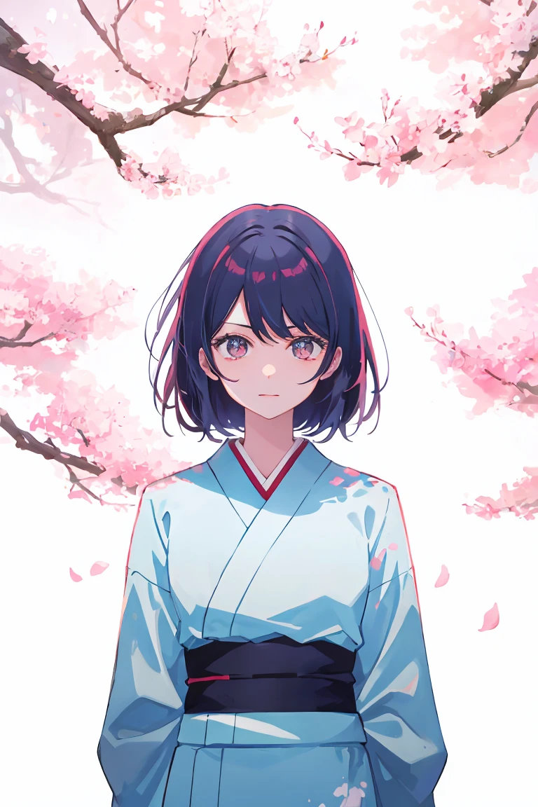 1Beautiful girl of the people,Kentaro Yabuki,Highest quality,Highest quality,Short Bob Hair、Transparency、Gray Hair、kimono、Arms folded behind back、Cherry tree、Scattering cherry blossoms