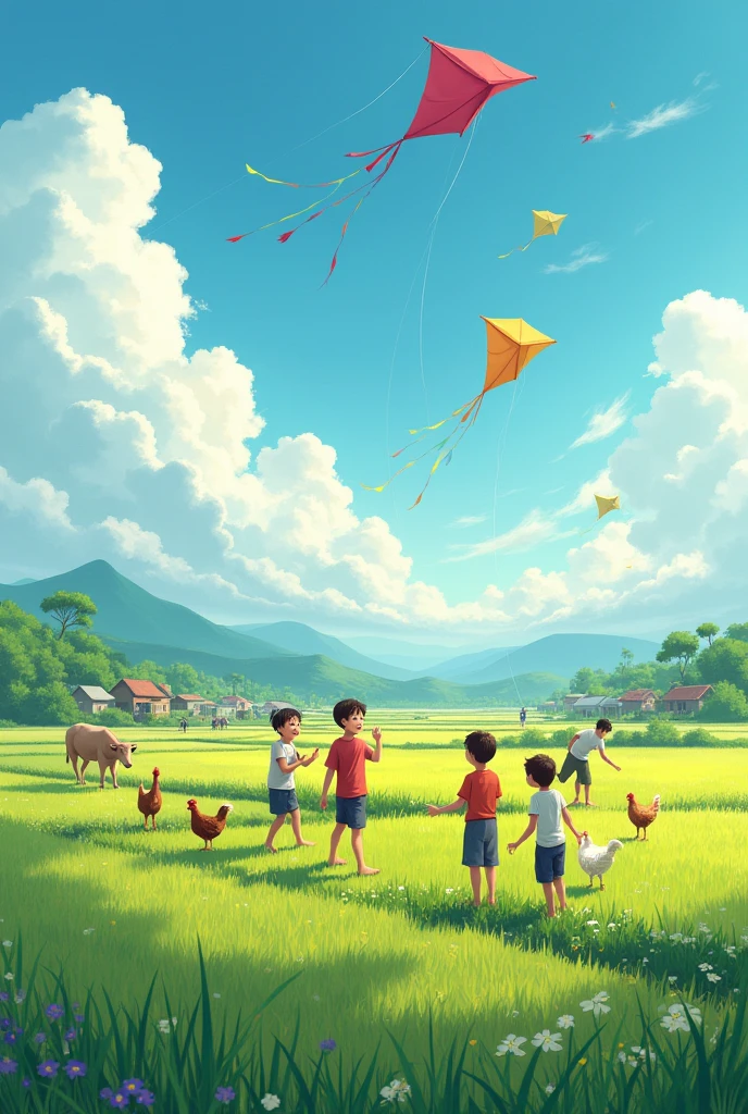 Village environment, big peddy fill farm, kids playing kite, group of a cow and chicken, some people working on peddy fill farm
