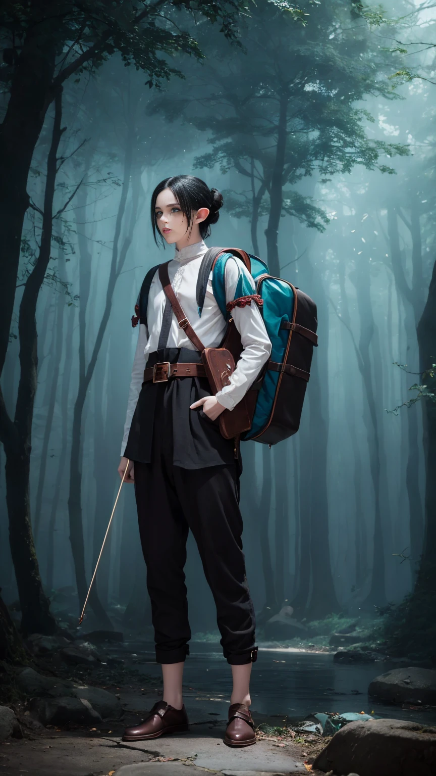 elf, clown, black hair, turquoise eyes, pale skin, full body, backpack, belt pouch, violin, dull clothing, dark fantasy accessories