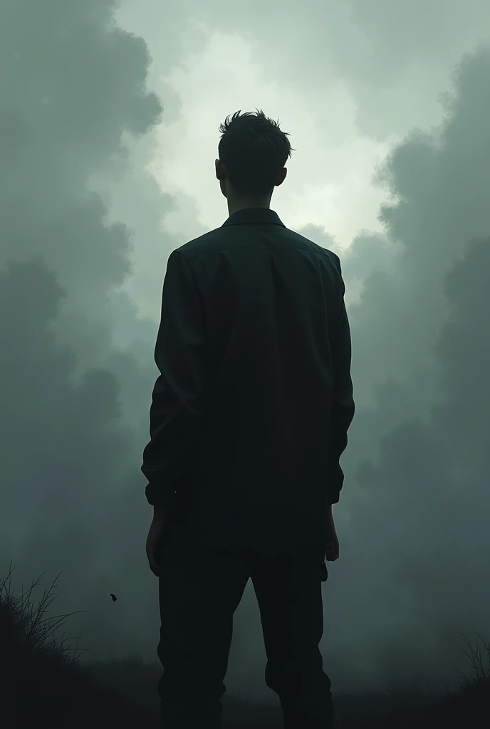 Black silhouette looking at the sky with a dark and depressing atmosphere