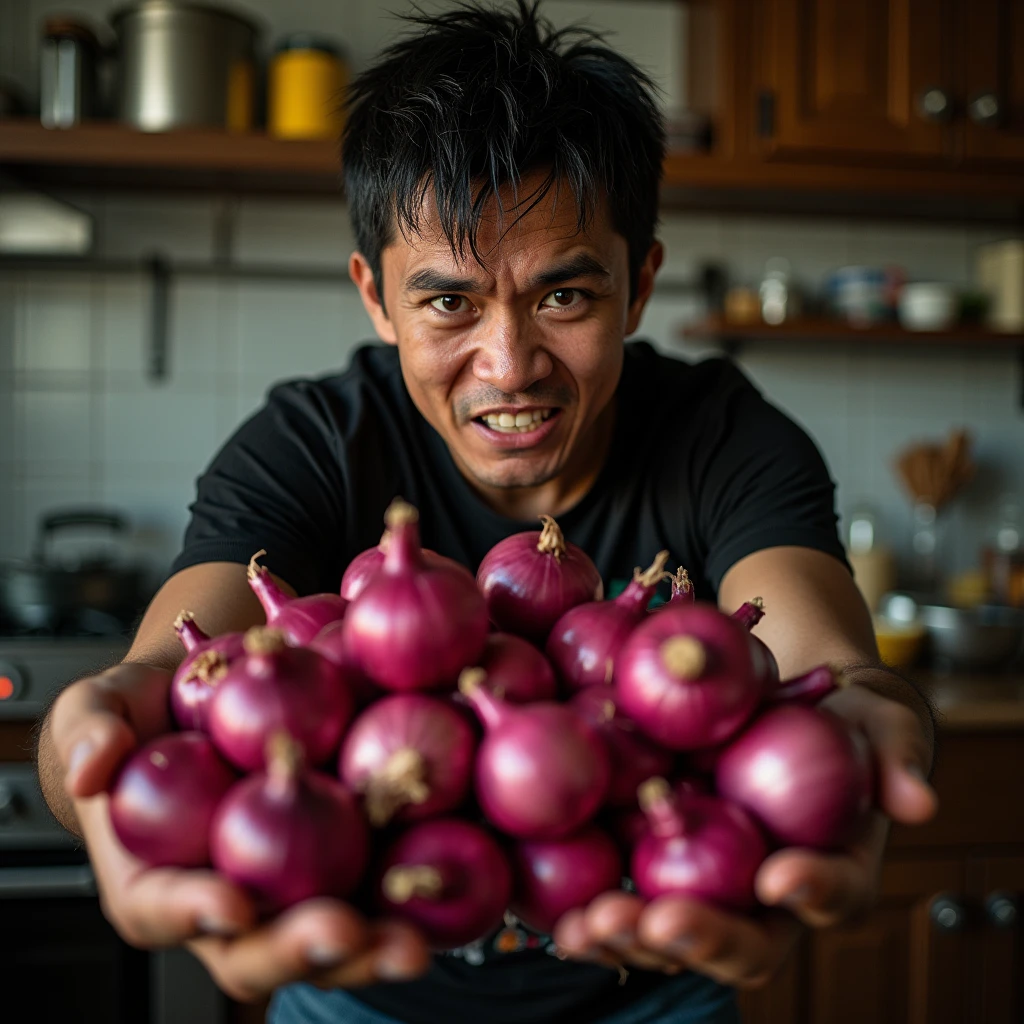 Original photo. Indonesian youth wearing a black Guns N Roses t-shirt. angry expression while holding a lot of red onions in his hand showing to the camera. kitchen atmosphere. Ultra-realistic 8K photo, taken with Leica Q2, strong color contrast and sharp clarity --ar 9:16 --quality 2 --