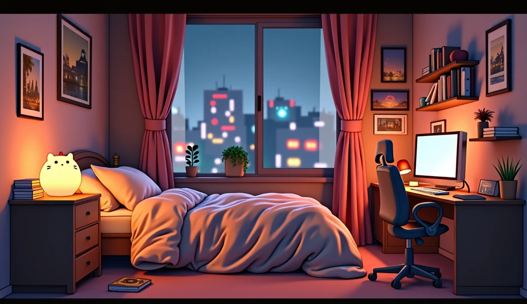 A lo-fi girly room , IN warm tones , predominating brown . A bed with a fluffy quilt.On the bedside table a cat lamp with warm lighting , bringing coziness to the bedroom . a table with a gaming computer. textbooks , a kitten plush. A large window overlooking the illuminated buildings. アニメ , high resolution.