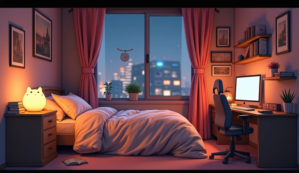 A lo-fi girly room , IN warm tones , predominating brown . A bed with a fluffy quilt.On the bedside table a cat lamp with warm lighting , bringing coziness to the bedroom . a table with a gaming computer. textbooks , a kitten plush. A large window overlooking the illuminated buildings. アニメ , high resolution.