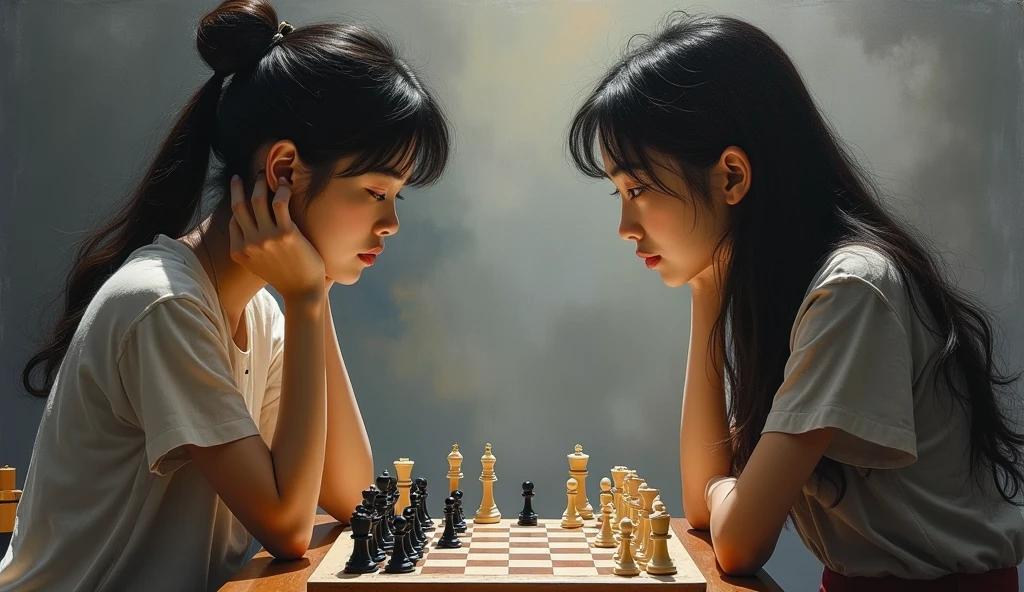 A stunning and oil painting of two young beautiful Korean women, age 16-18, beautifully portrayed with a tensed and melancholic expression are locked in a tense chess match. The chessboard between them is a battlefield of strategic maneuvers and calculated risks. Each move is deliberate. The only sounds are the soft clinks of chess pieces and the occasional murmur of contemplation, as both players remain deeply focused on the game, there are other matches going on in the background. the background is little blur. The atmosphere is charged with concentration and quiet intensity.. wide angle, adding to the sense of unease. The painting exhibits a real-like, impressionistic style, with visible brush strokes that create a sense of depth and texture. The color palette primarily consists of warm tone, grays, and blacks, evoking a light atmosphere.