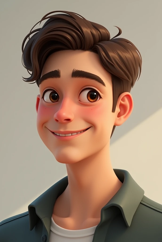Make a young man with brown hair, eyes a little slanted, with a mole on the cheek, ssmile, he has dimples