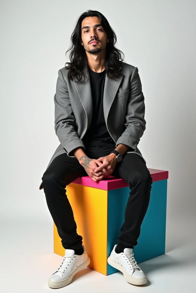 best qualityer:1.4), (ultra high resolution:1.2), (photorrealistic:1.4), (8k, CRU photo:1.2), 1 28 year old man with fair skin. Long black hair down to the neck. brown eyes . He is wearing a gray coat. black jeans pants. White sneakers. He is sitting on top of a colorful cube. You are in a photography studio with a white background. tattoo on left arm. brazileiro