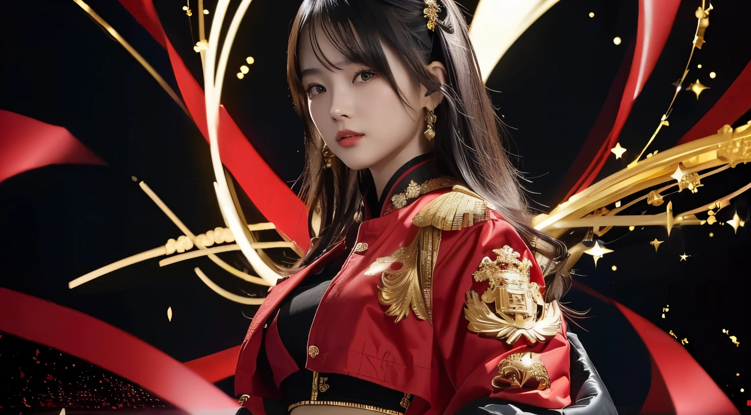 a young asian woman in red top and black skirt with golden decorations, 1girl, solo, looking at viewer, jacket