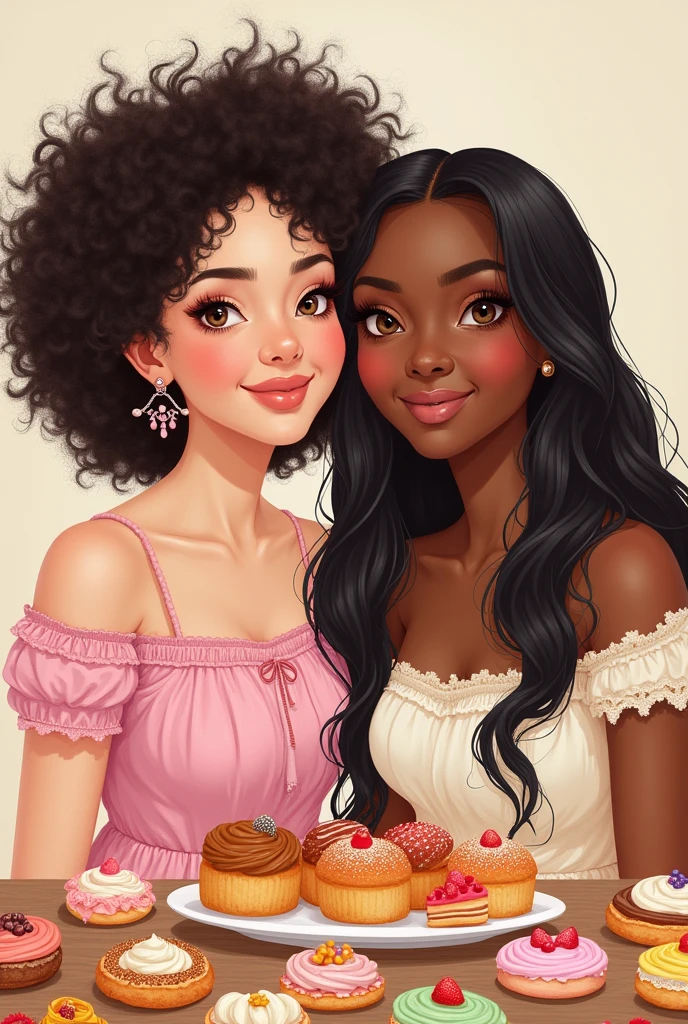 Torso and face of beautiful women, Friends, white and black skinned, straight and curly hair, pretty clothing, tons pasteis, hand drawing