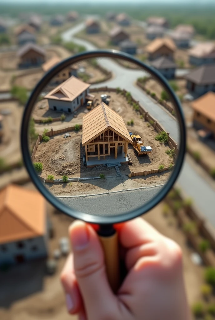 A magnifying glass on several plots of houses under construction, realistic image