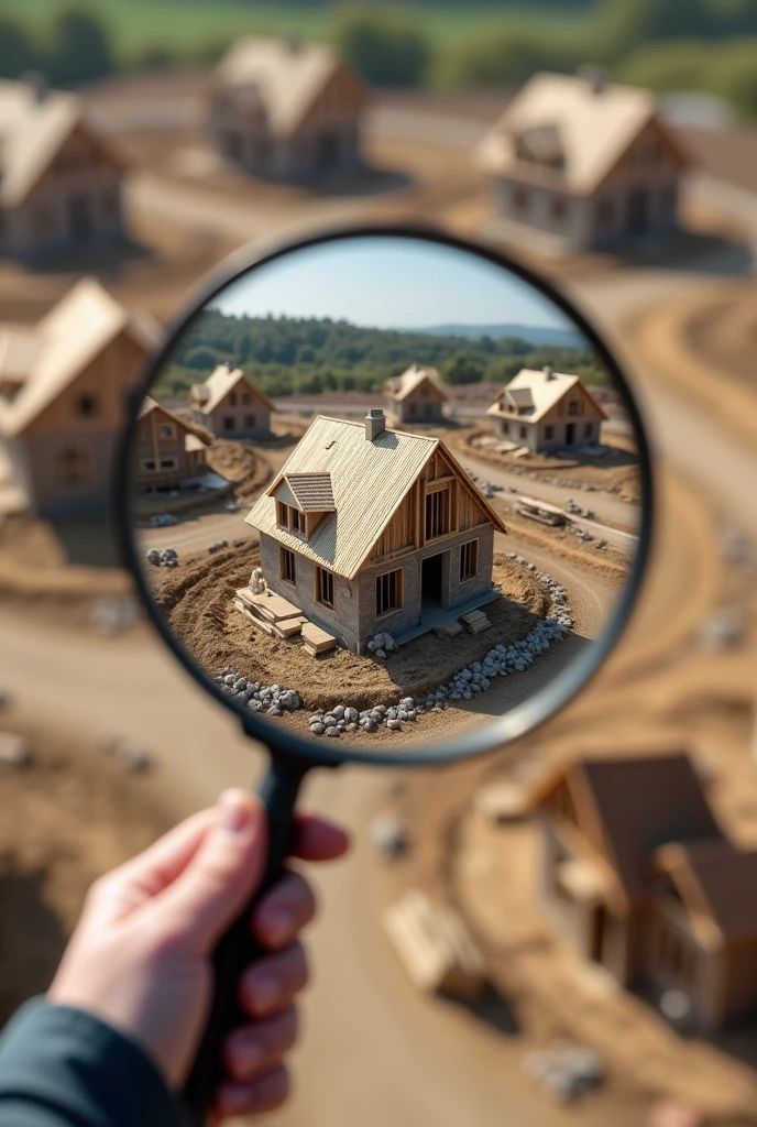 A magnifying glass on several plots of houses under construction, realistic image