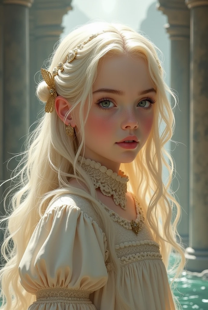  child who is around 10 years old, , targaryen, platinum blonde hair and pale skin, with delicate strokes. Se inspire na serie "A house of dragao"
