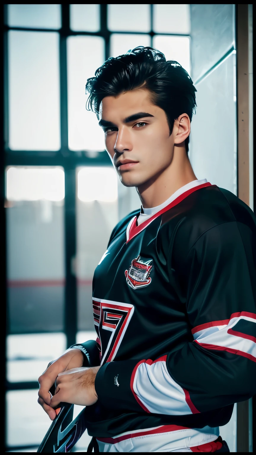 An attractive man, young, muscular, black-haired man with a cynical and seductive, bad boy, hockey player, hockey uniform, hyper-realistic nonsense, RAW photo, UltraHD 8K, high quality, film grain, (skin highly detailed: 1.2)