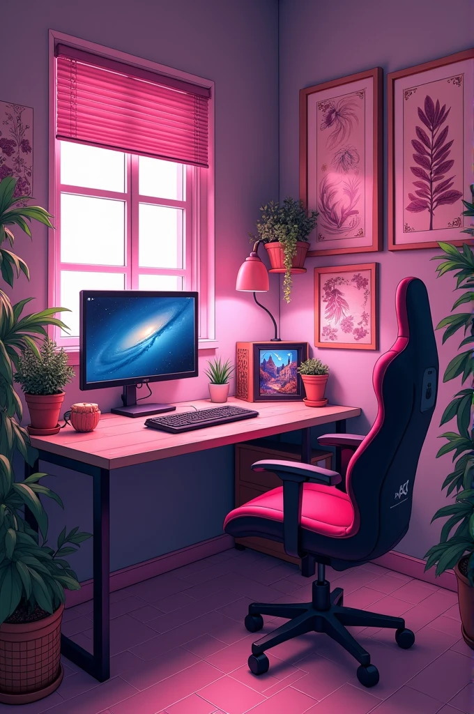 ((best quality)), ((masterpiece)), (detailed), quarto gamer fofo feminino vazio, estilo anime, em tons de rosa e roxo,com várias plantas espalhadas, alguns quadros e desenhos nas paredes e alguns materiais de arte junto a mesa.