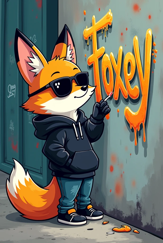 A little cartoon fox wearing a black hoodie and sunglasses doing graffiti that says foxey Leaning on the wall
