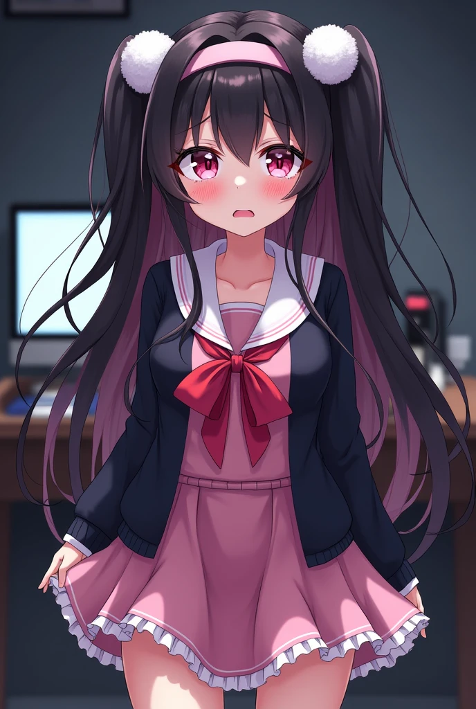 One person, Black Hair,Pink inner color,Long Hair, bangs,Half Twin Tail,Pink eyes, Droopy eyes,Take a closer look, Hearts in eyes, ribbon, Headband, White fluffy hair accessories,anime, anime風, skirt,Frills,Mine system,smartphone,Pink Sailor Suit,Dark cardigan,Drooping eyes,Confused eyes,Worried brow,Yandere,background computer,smartphone,delivery,Illness,Expose,dark,Midnight
