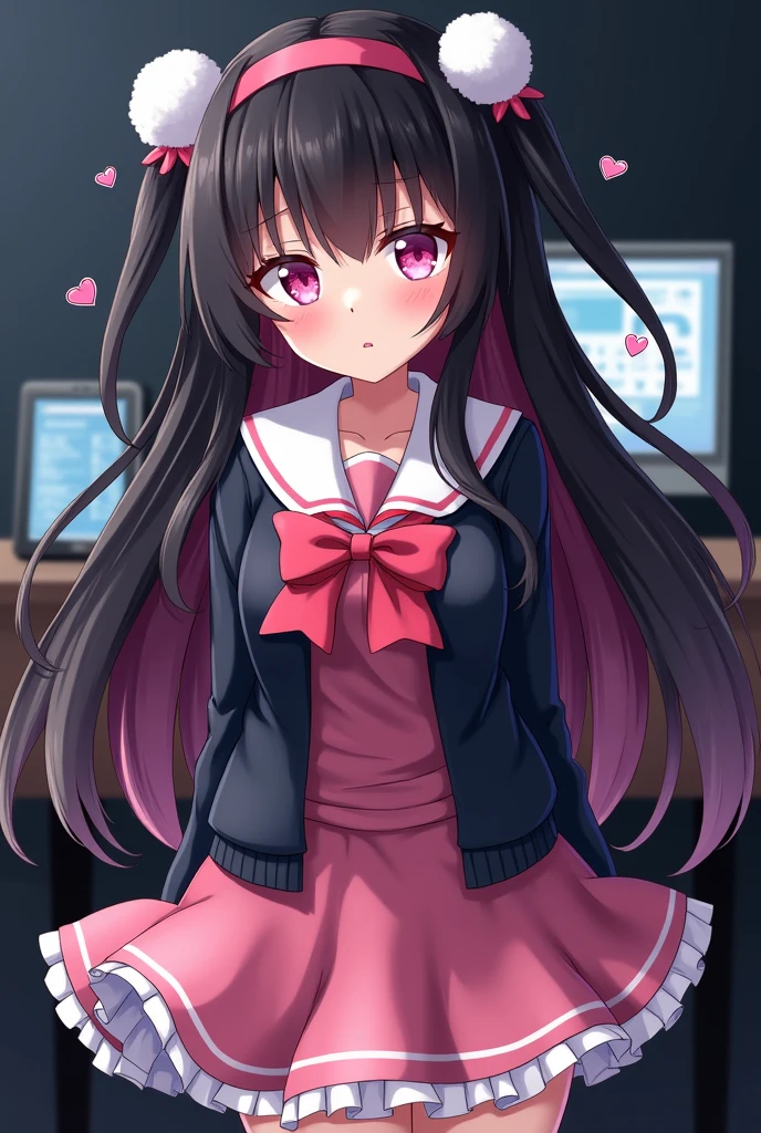 One person, Black Hair,Pink inner color,Long Hair, bangs,Half Twin Tail,Pink eyes, Droopy eyes,Take a closer look, Hearts in eyes, ribbon, Headband, White fluffy hair accessories,anime, anime風, skirt,Frills,Mine system,smartphone,Pink Sailor Suit,Dark cardigan,Drooping eyes,Confused eyes,Worried brow,Yandere,background computer,smartphone,delivery,Illness,Expose,dark,Midnight