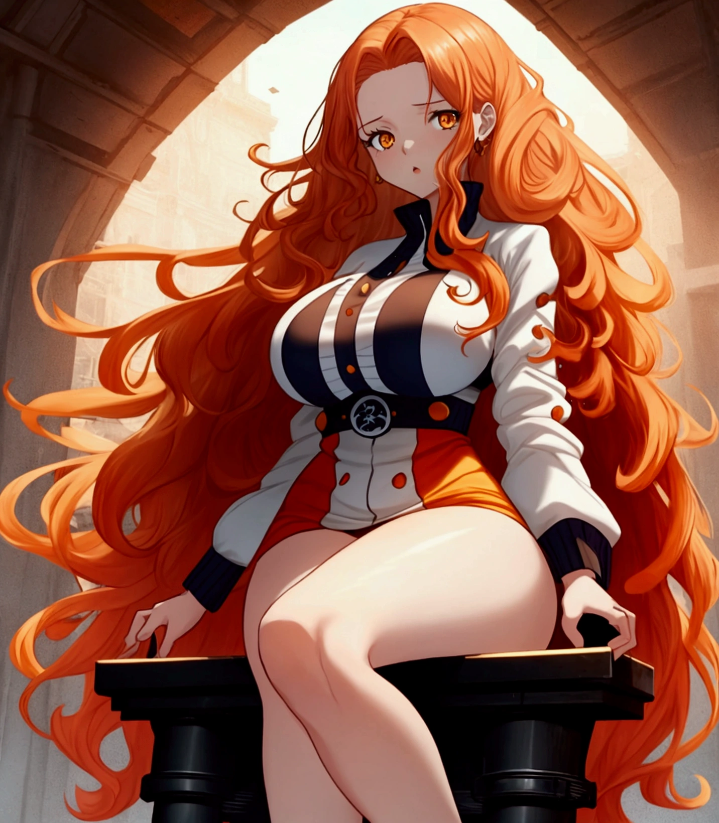A WHITE woman with long, very long, INTENSE RED WAVY hair, WITH TWO WAVES FALLING DOWN HER FOREHEAD. yellowish orange eyes. and very large breasts sits with her legs outstretched, screenshot from one piece.