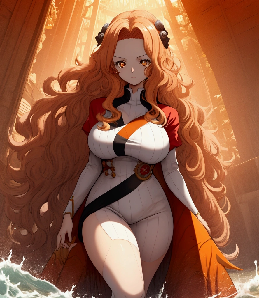 A WHITE woman with long, very long, INTENSE RED WAVY hair, WITH TWO WAVES FALLING DOWN HER FOREHEAD. yellowish orange eyes. and very large breasts sits with her legs outstretched, screenshot from one piece.