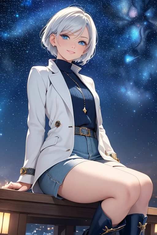 A lady with silvery short hair and blue eyes, Cheeky Smile, Condescending look, Gazing at the viewer, Highly detailed and realistic, masterpiece quality, Very detailed, High resolution, Vibrant colors, Physically Based Rendering, High-definition background, (distance view:1.5), (starry sky:1.3), white sweater, coat, wearing long boots