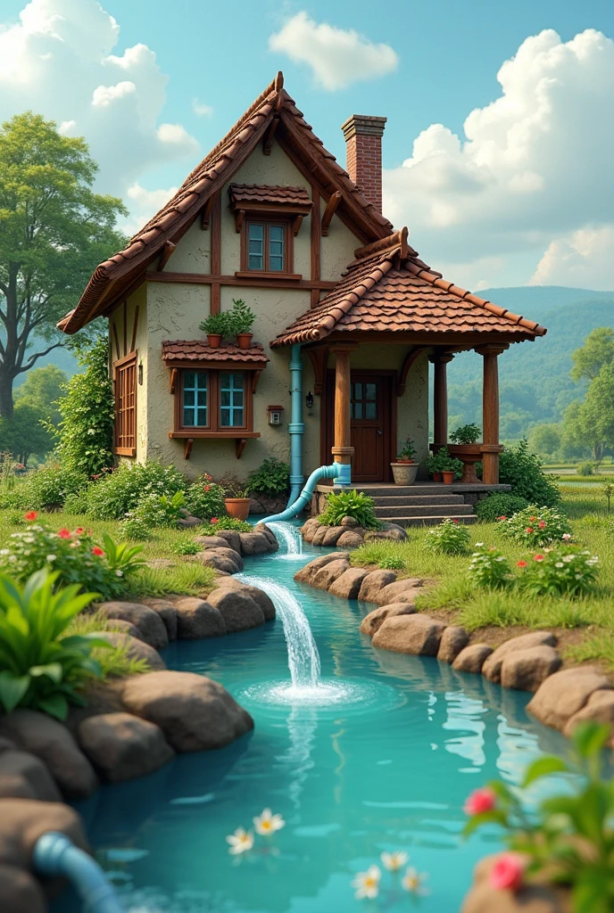 I want you to build a house and from that house have a gutter, from that gutter a PVC pipe comes out that connects to another PVC pipe that will come out from a part in the middle of the house and connected between those two, they go to a bucket that is the filtration unit and that is connected to a pond and from the pond a pipe comes out that goes over the crops and has holes in the bottom that makes a drip of water.