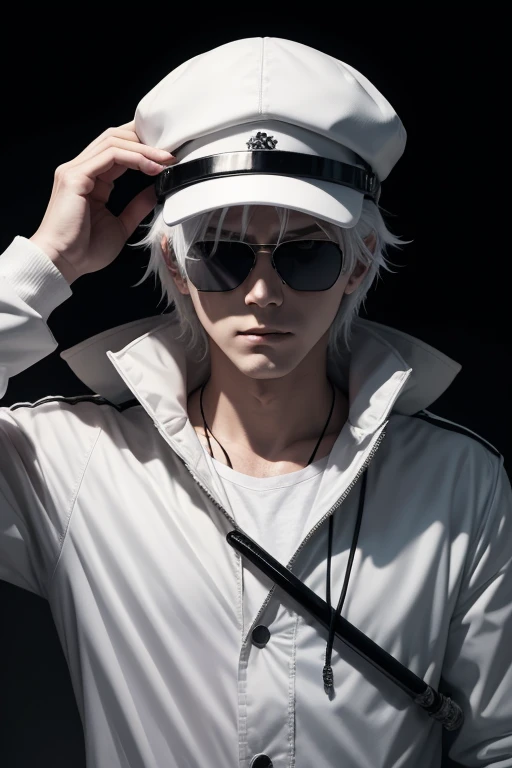 horror style,dry eyes,white jacket,source_anime,white cap,white hair,retoro,noisy,holding_sword,male,old,sunglass,