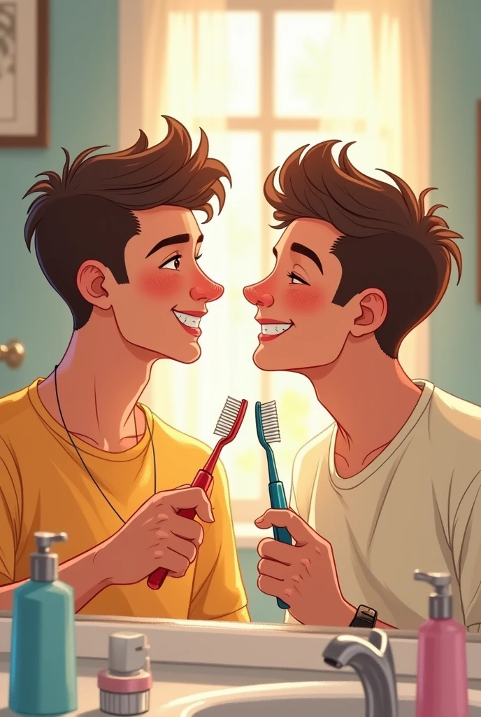 Gay couple brushing teeth drawing happiness