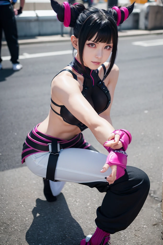 there is a woman in a costume, cosplay photo, juri han from street fighter, anime cosplay, anime girl cosplay, as a character in tekken, tifa lockheart, tifa lockhart, cosplay, portrait of tifa lockhart, JuriMS , sfvi , multicolored hair, hair horns, white baggy pants, bangs