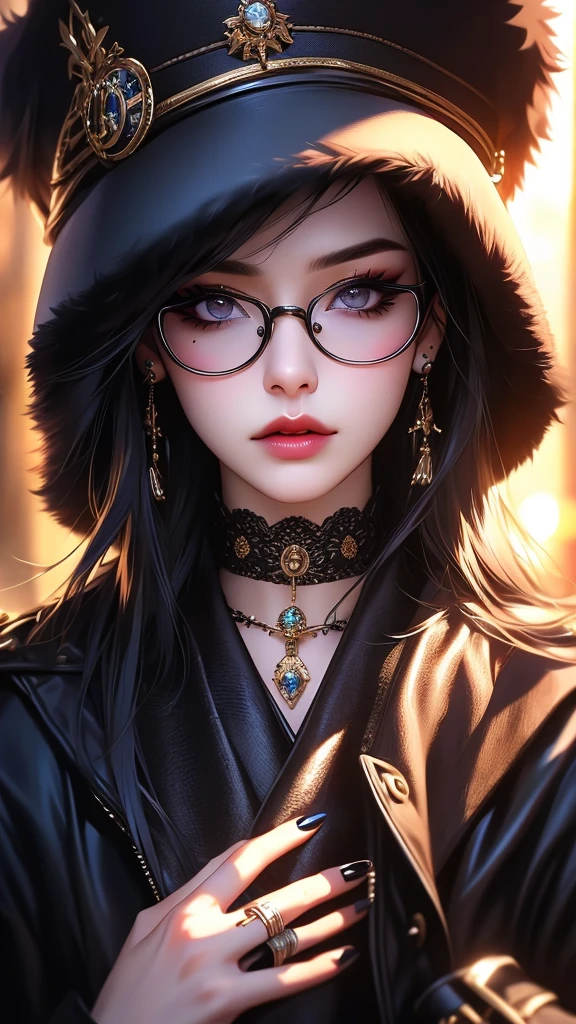 1girl, extremely detailed eyes and face, long eyelashes, beautiful detailed lips, beautiful detailed eyes, close-up, piercing, fur trim, ring, choker, black hair, ear piercing, nose piercing, jacket, lip piercing, black nails, round eyewear, eyebrow piercing, adjusting eyewear, blurry, upper body, looking at viewer, blurry background, mole, hat, fur-trimmed jacket, black jacket, cinematic lighting, photorealistic, 8k, detailed, digital painting, high quality