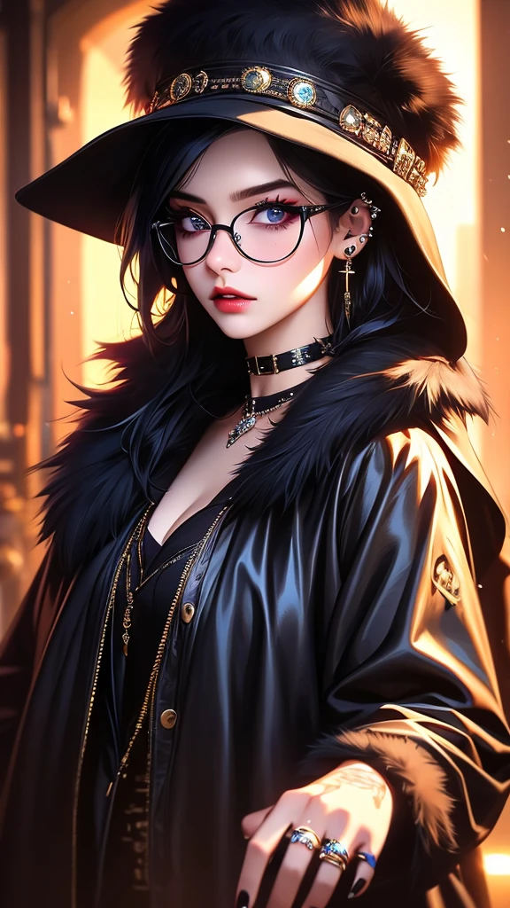 1girl, extremely detailed eyes and face, long eyelashes, beautiful detailed lips, beautiful detailed eyes, close-up, piercing, fur trim, ring, choker, black hair, ear piercing, nose piercing, jacket, lip piercing, black nails, round eyewear, eyebrow piercing, adjusting eyewear, blurry, upper body, looking at viewer, blurry background, mole, hat, fur-trimmed jacket, black jacket, cinematic lighting, photorealistic, 8k, detailed, digital painting, high quality