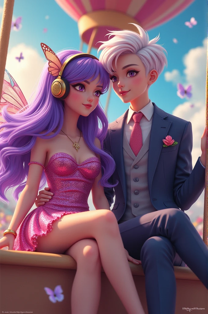 Korean purple hair butterfly woman with headphone in shiny pink glitter dress and white pink hair man in suit in amusement park on a hot air balloon best friends