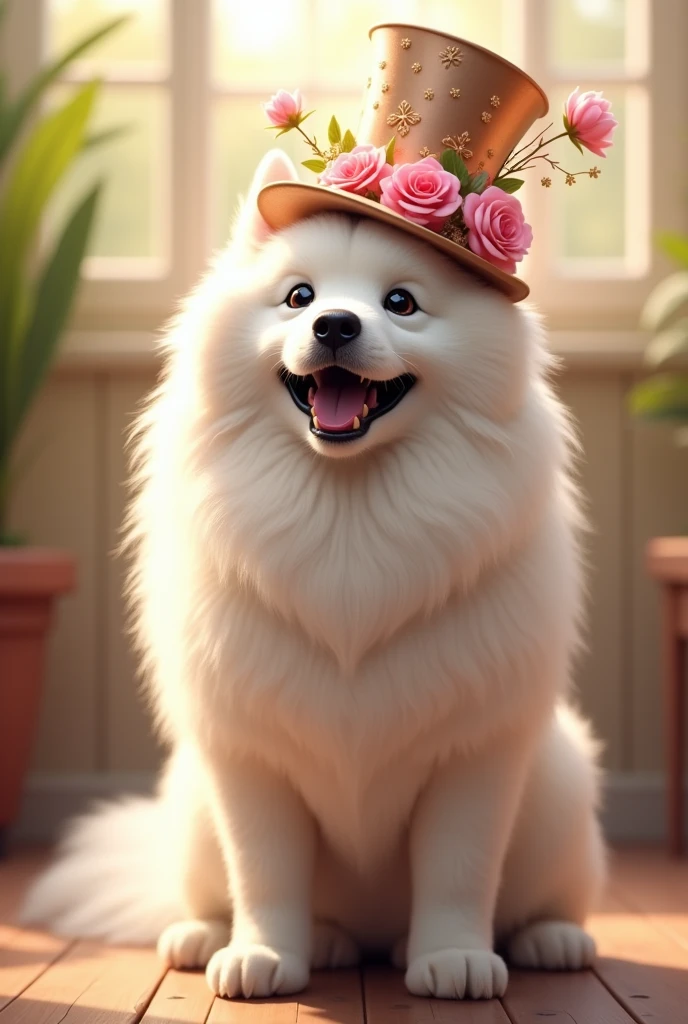Create a Samoyed celebrating with a top hat that has the pink with golden flowers all very realistic