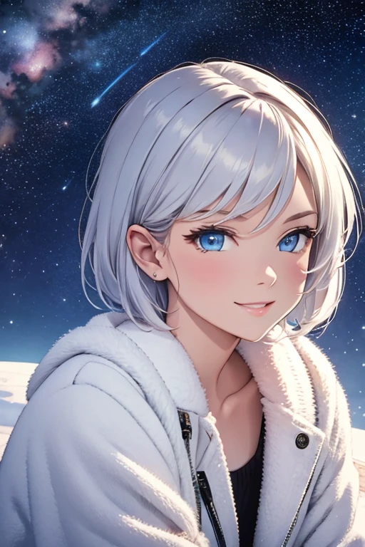A lady with silvery short hair and blue eyes, Cheeky Smile, Condescending look, Gazing at the viewer, Highly detailed and realistic, masterpiece quality, Very detailed, High resolution, Vibrant colors, Physically Based Rendering, High-definition background, (distance view:1.5), (starry sky:1.3), white sweater, coat, wearing long boots