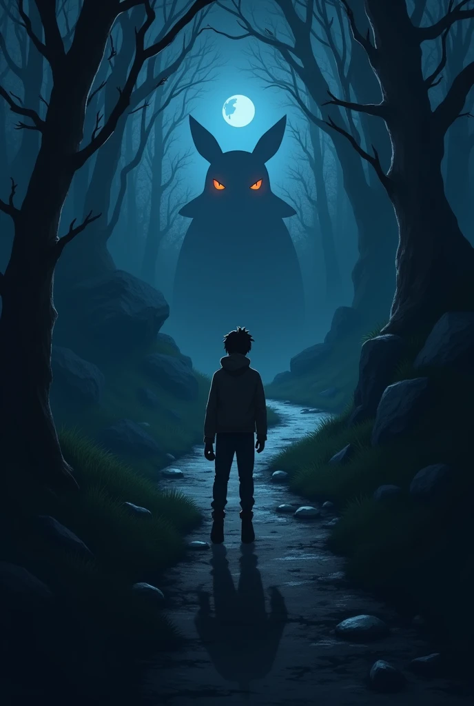 Logo de uma guild com nome Solitude, lonely pokemon trainer in search of his journey, on a dark trail with a pokeball in his hand, and a pokemon hiding from the darkness to attack 