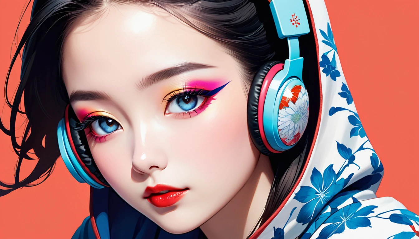 (((Ink Painting))), Fashion portrait color photos, (((1 girl))), (((Flashy makeup))), (((Japanese style headphones))), (((Japanese pattern hoodie))), (((Put on the hood))), Japanese beautiful girl,big breast, Black Hair, Delicate and precise, Modern ukiyo-e style,Japan, Japanese flag, red and blue neon
