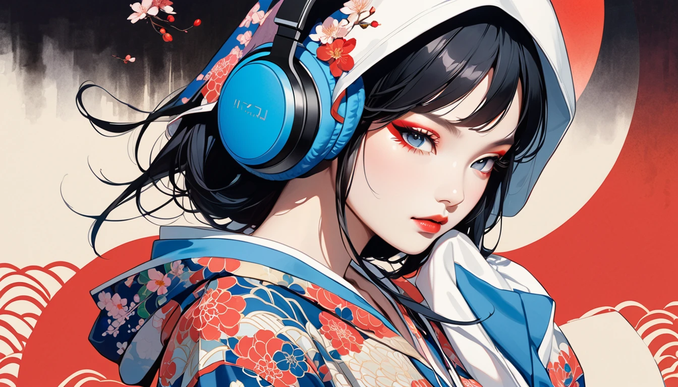 (((Ink Painting))), Fashion portrait color photos, (((1 girl))), (((Flashy makeup))), (((Japanese style headphones))), (((Japanese pattern hoodie))), (((Put on the hood))), Japanese beautiful girl,big breast, Black Hair, Delicate and precise, Modern ukiyo-e style,Japan, Japanese flag, red and blue neon