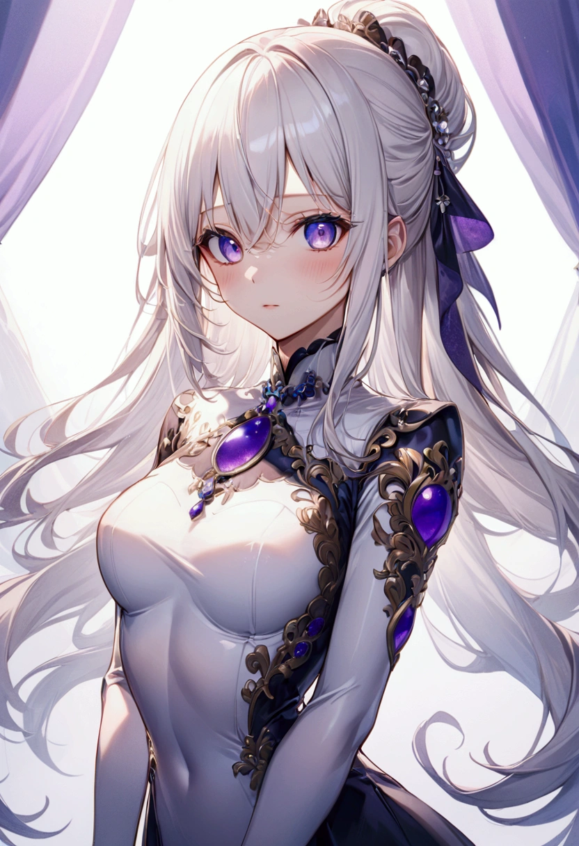 Anime girl with long straight white hair, blue and purple gradient eyes, detailed body, detailed eyes, masterpiece, best quality, aesthetic, standard pose