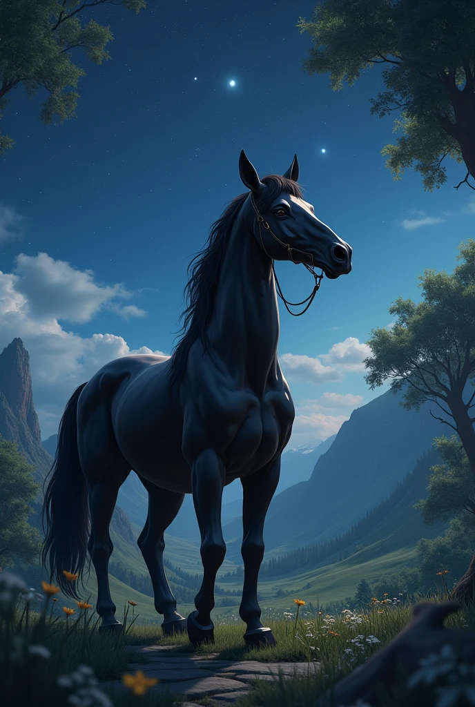Black-haired centaur with human torso and head. He wears an old-fashioned white shirt, a monocle, and watch the stars from a valley.