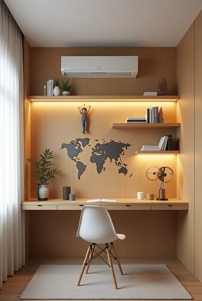 Entire wall covered in blond MDF José, nailed to this wall, right in the middle of the wall, close to the ceiling, is the air conditioning, under the air conditioning in the middle of the wall there is a small world map and under the world map in the middle of the wall there are 3 shelves with lighting, under the shelves there is a sideboard. Next to the wall a window with a white curtain.