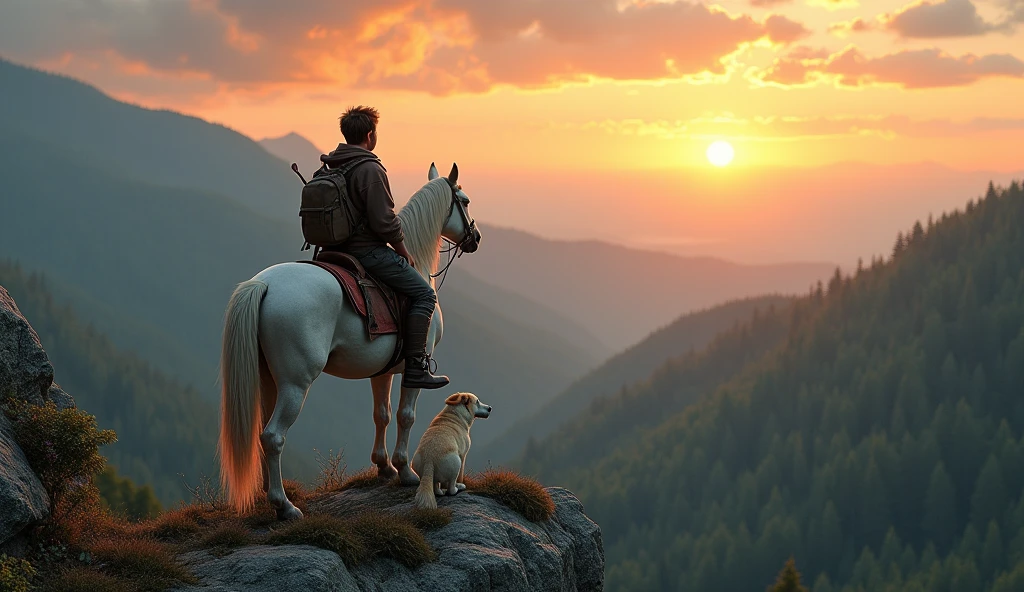 "A photorealistic scene of a young man riding a white horse on a mountain edge, with his loyal dog sitting beside him on the horse. The man is gazing towards a vast, dense forest below. The sky is glowing with orange and pink hues as the sun sets in the distance, casting soft light over the rugged terrain and the trees. The atmosphere is adventurous, peaceful, and filled with the tranquility of nature."