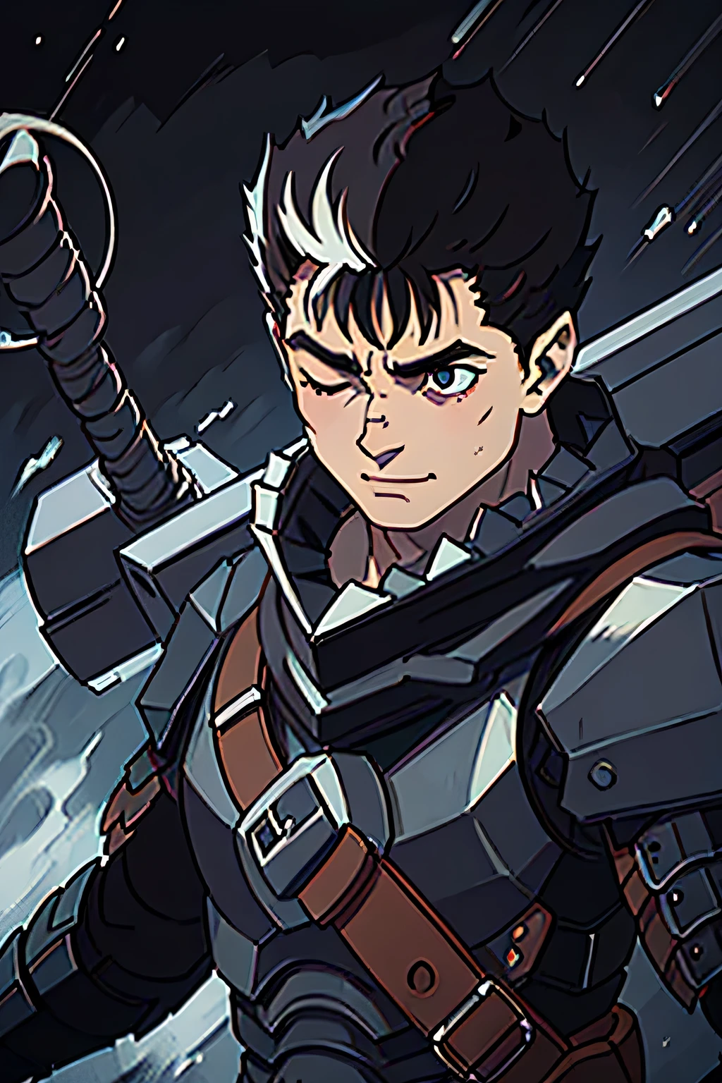 guts from berserk, black armour, big sword, looking at viewer, smiling, one eye closed, black spiky hair, muscular male character, dark fantasy, cinematic lighting, dramatic pose, highly detailed, 8k, anime, chiaroscuro, moody atmosphere, dramatic shadows, warm color palette, anime textures, dynamic composition