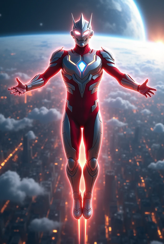 ultraman,flying,two hands outstretched,ultradetailed,photorealistic,epic,dramatic lighting,glowing energy aura,dynamic motion blur,intricate mechanical details,futuristic cityscape background,earth viewed from space,glowing horizon,cinematic composition