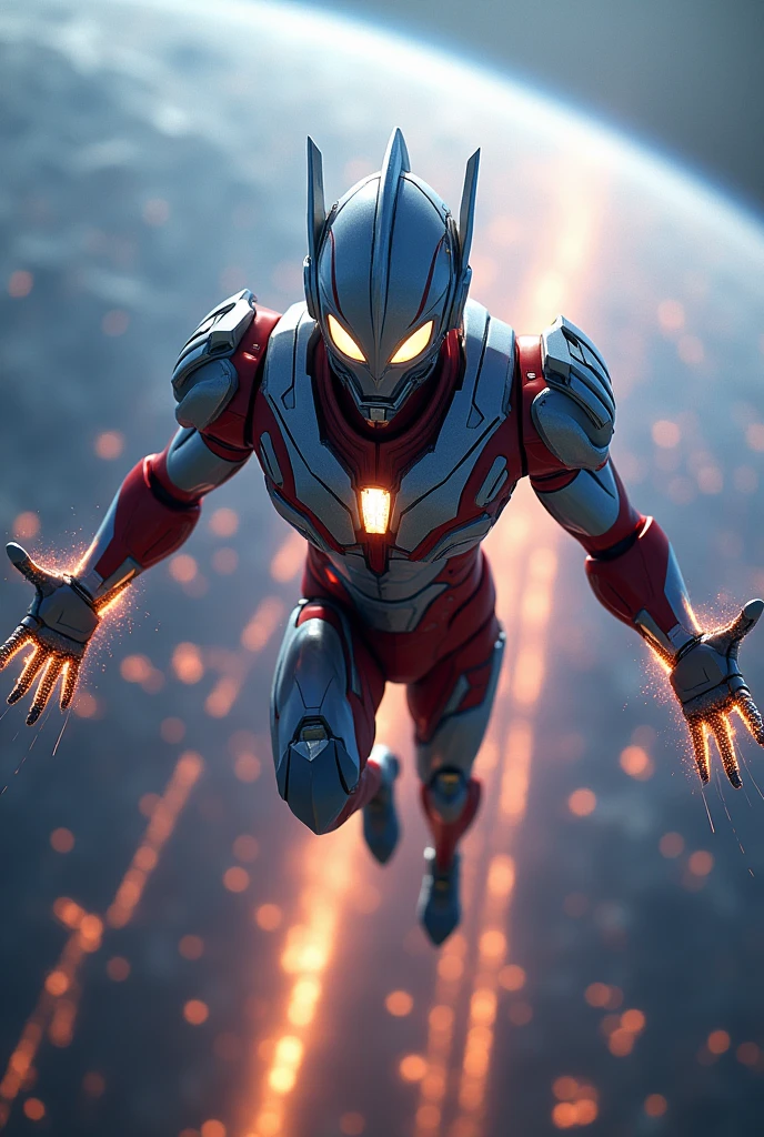 ultraman,flying,two hands outstretched,ultradetailed,photorealistic,epic,dramatic lighting,glowing energy aura,dynamic motion blur,intricate mechanical details,futuristic cityscape background,earth viewed from space,glowing horizon,cinematic composition