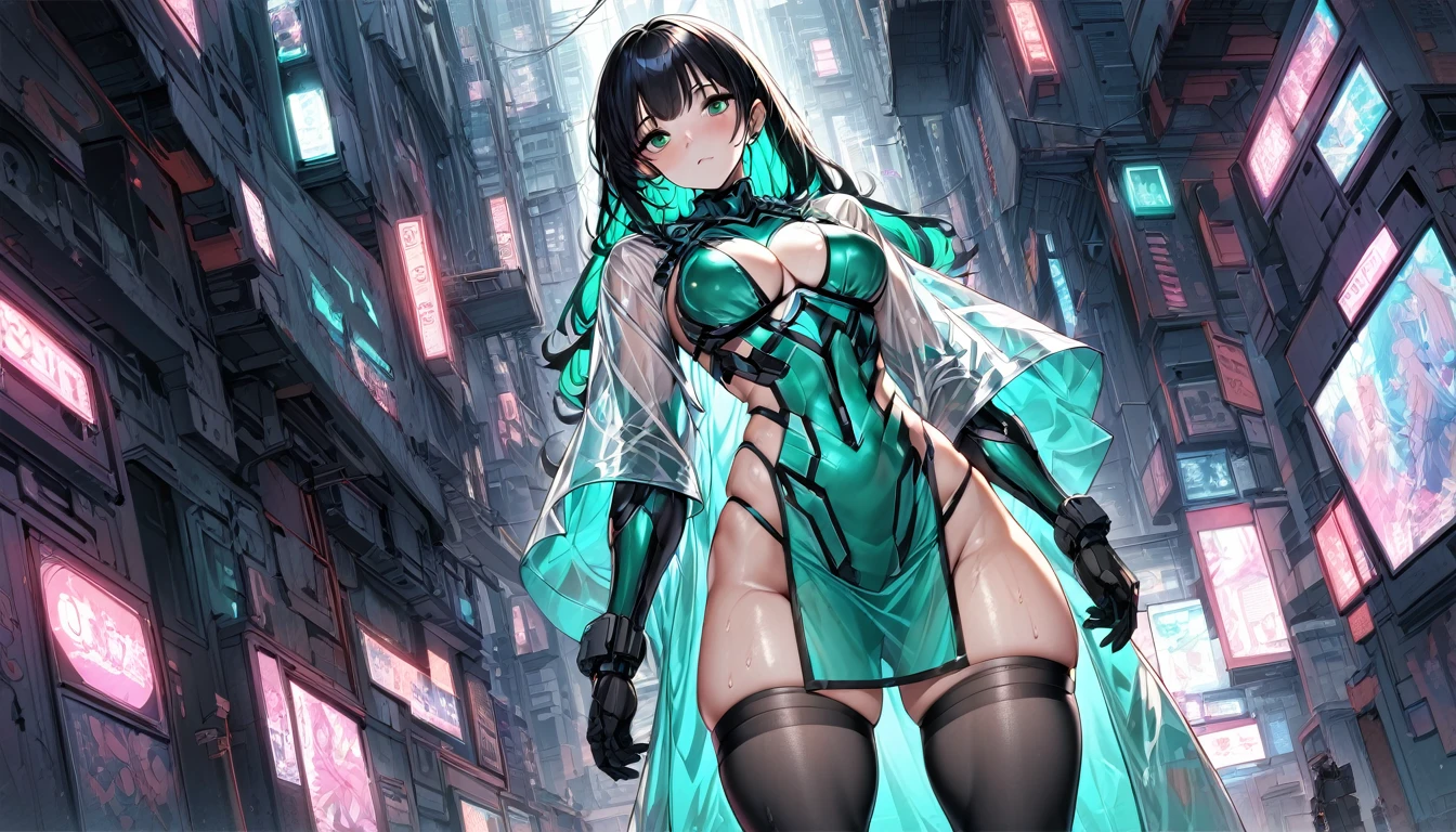 Monochrome Tiffany Blue, Highest quality, very detailed, delicate and dynamic, Three-dimensional effect expressed through light and shadow, Cyberpunk cityscape, Eye-catching effect, modern art, Low-Angle, cinematic angles, looking at the viewer with a love struck expression. Pretty woman in her 20s, young adult, mature girl, detailed face, detailed eyes, pouty lips, full lips, detailed sweaty skin, thick thighs, lean but fit, tall, emerald green eyes, lower back length long black hair with emerald green inner hair. Part of the clothing is translucent, translucent parts has a slight illumination, bikini armour, bikini_armour, skimpy outfit, thigh highs, boots, transparent pelvic curtains, pelvic_curtain, emerald green skimpy powered exosuit, translucent large raincoat on top, open, standing in a contemplative pose amidst the neon-lit ruins, textured digital art with muted tones and subtle ambient noise, detailed and intricate illustration, dystopian and gritty yet beautiful, a glimmer of hope in the decay, illuminated character, character lighting,