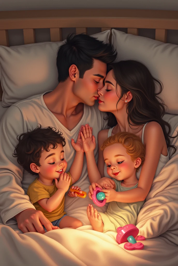 couple kissing in bed while kids play with toys on the bed