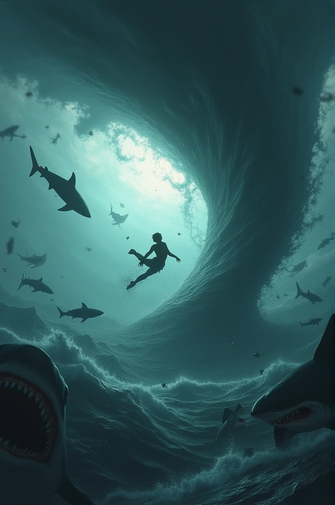 A person falling in a helicopter into a tornado of sharks 